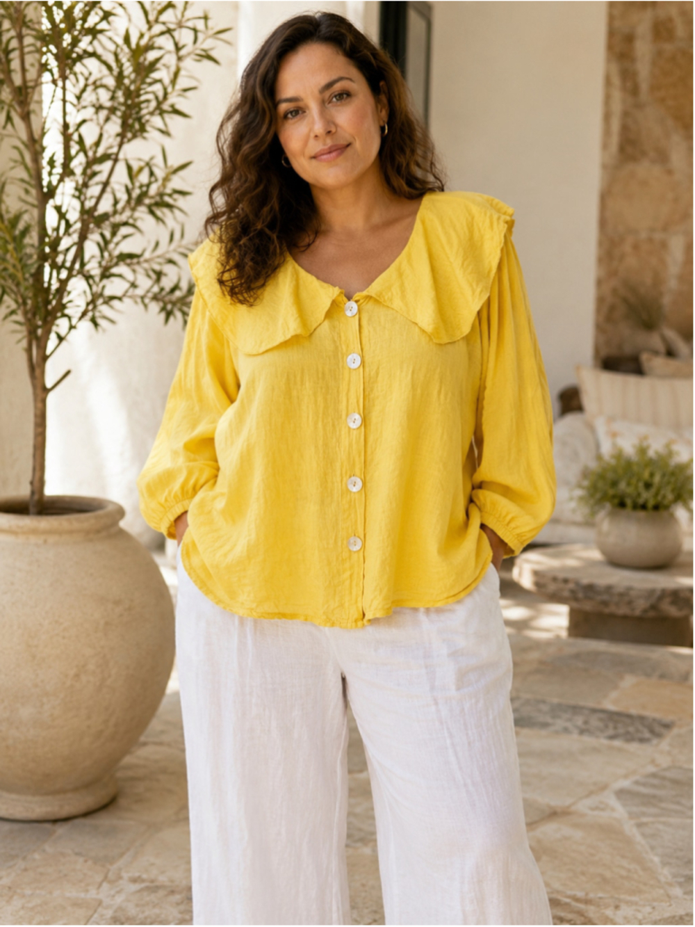 Bellambra Linen Blouse Women’s 1X Peter Pan Collar Cottagecore Lagenlook Yellow